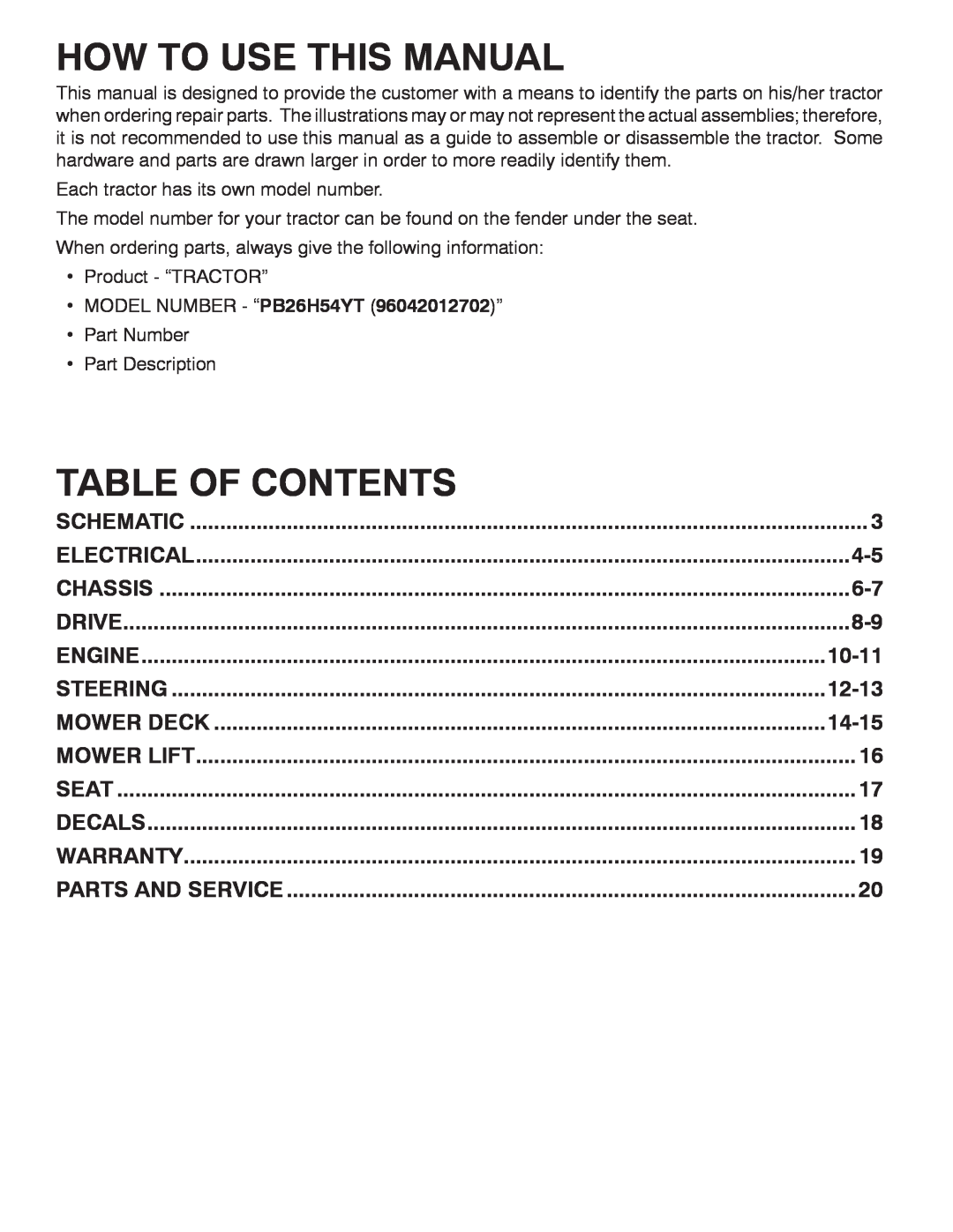 Poulan PB26H5YT manual How To Use This Manual, Table Of Contents, Chassis, Drive, Engine, Steering, Mower Deck 