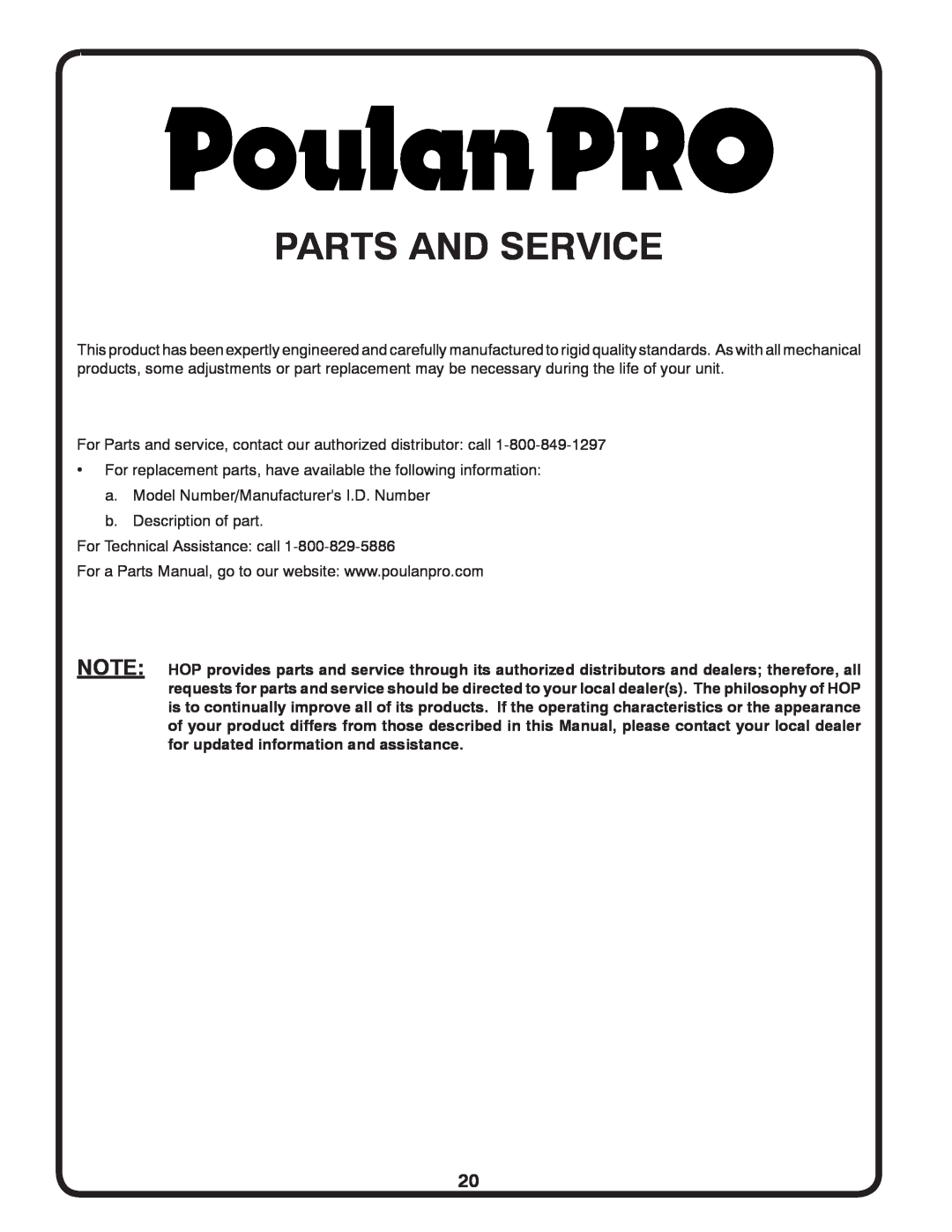 Poulan PB26H5YT manual Parts And Service 