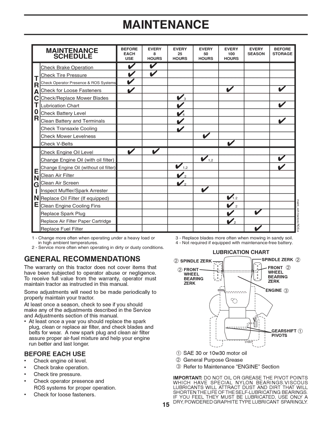 Poulan PBA19542LT manual Maintenance, General Recommendations, Before Each USE, Check Brake Operation Check Tire Pressure 