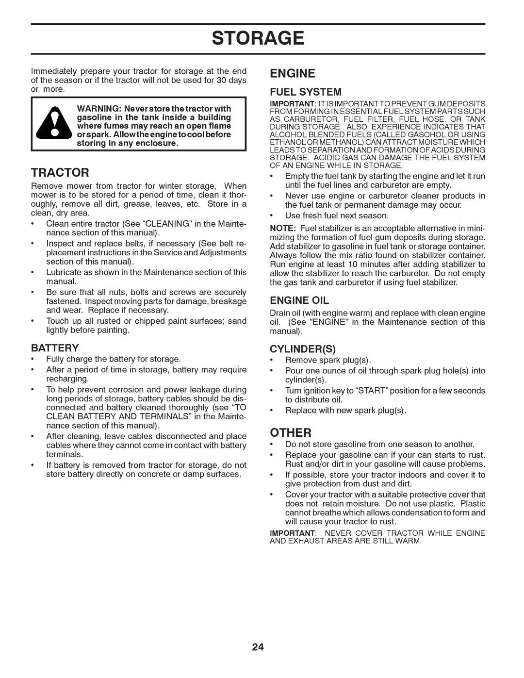 Poulan PBA19542LT manual Storage, Other, Fuel System, Engine OIL, Cylinders 
