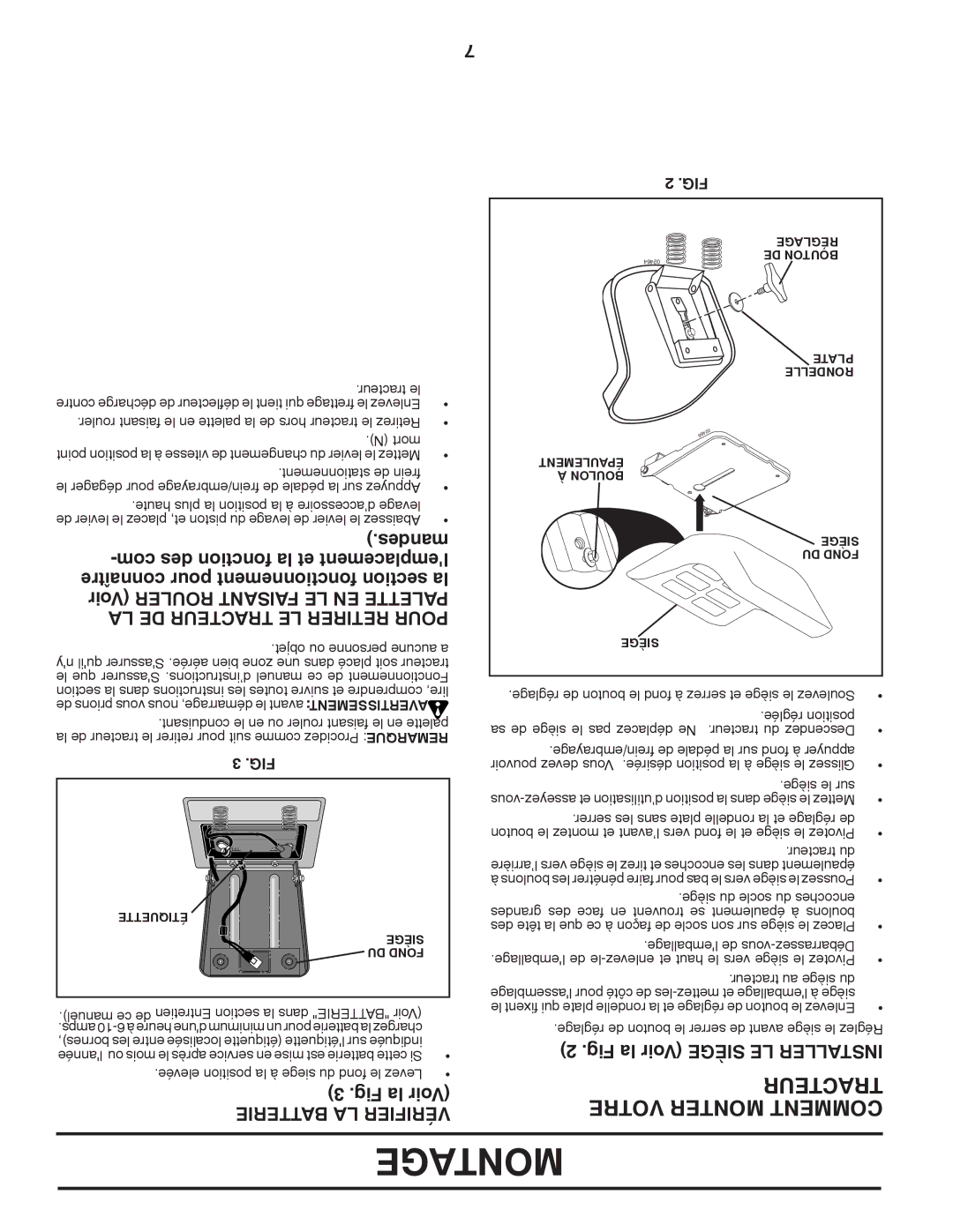 Poulan PBA19542LT manual Votre Monter Comment, Desman, Com des fonction la et mentceplalem, Fig la Voir Siège LE Installer 