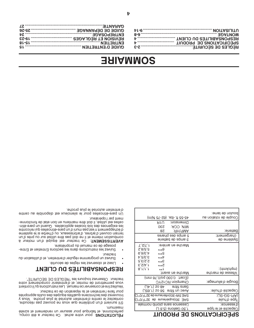 Poulan PBA19542LT manual Sommaire, Client DU Responsabilités, Produit DE Spécifications, Cca .Min Amp/Hr, Sl-Sg-Api 