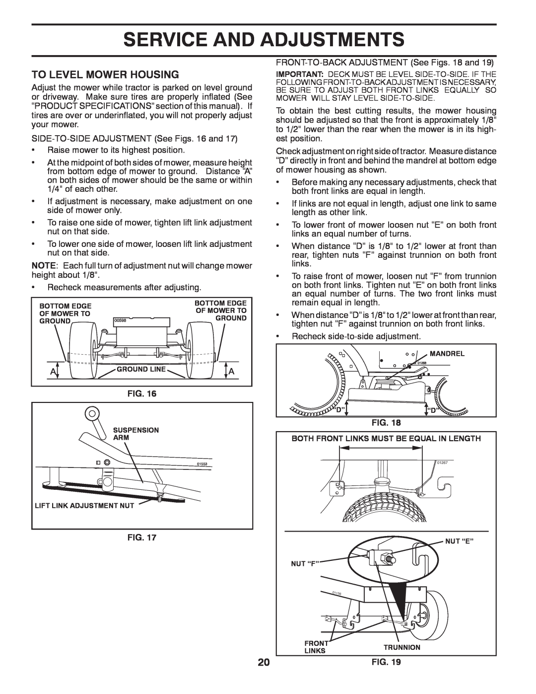 Poulan PBA19542LT manual Service And Adjustments, To Level Mower Housing 