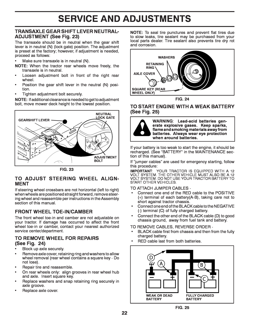 Poulan PBA19542LT manual TO START ENGINE WITH A WEAK BATTERY See Fig, To Adjust Steering Wheel Align- Ment 