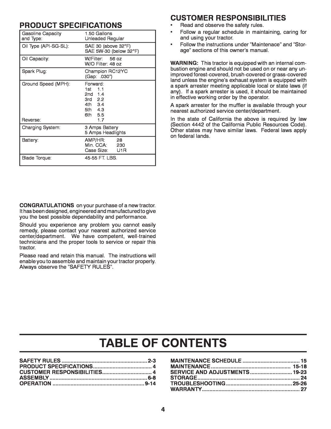 Poulan PBA19542LT manual Table Of Contents, Product Specifications, Customer Responsibilities 