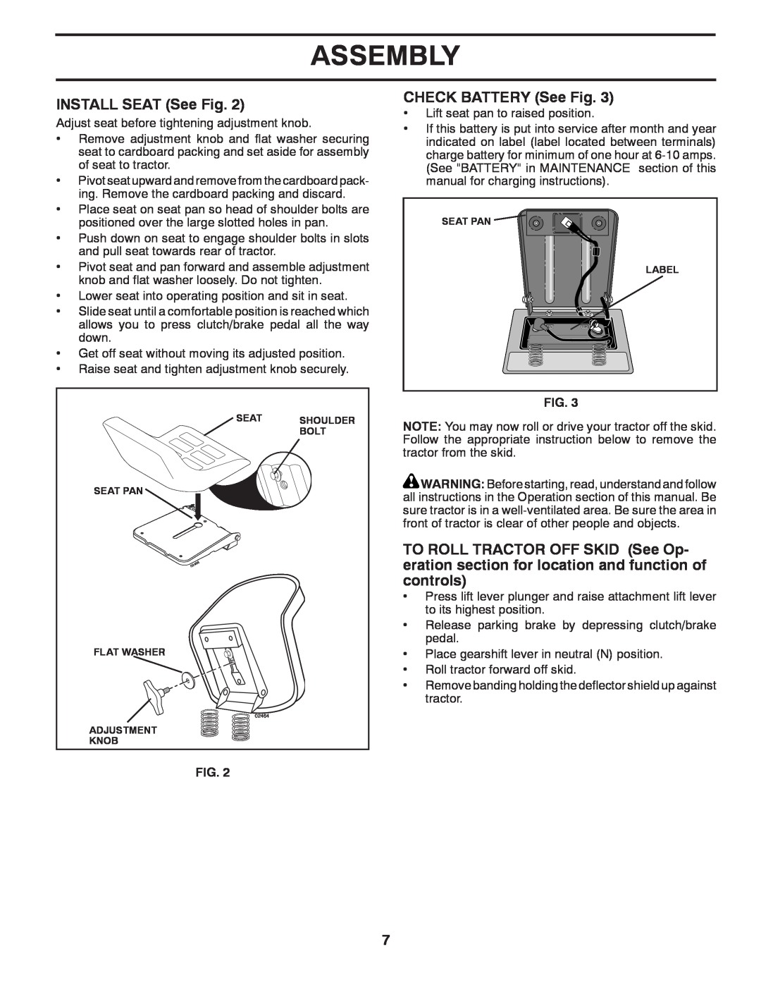 Poulan PBA19542LT manual INSTALL SEAT See Fig, CHECK BATTERY See Fig, Assembly 