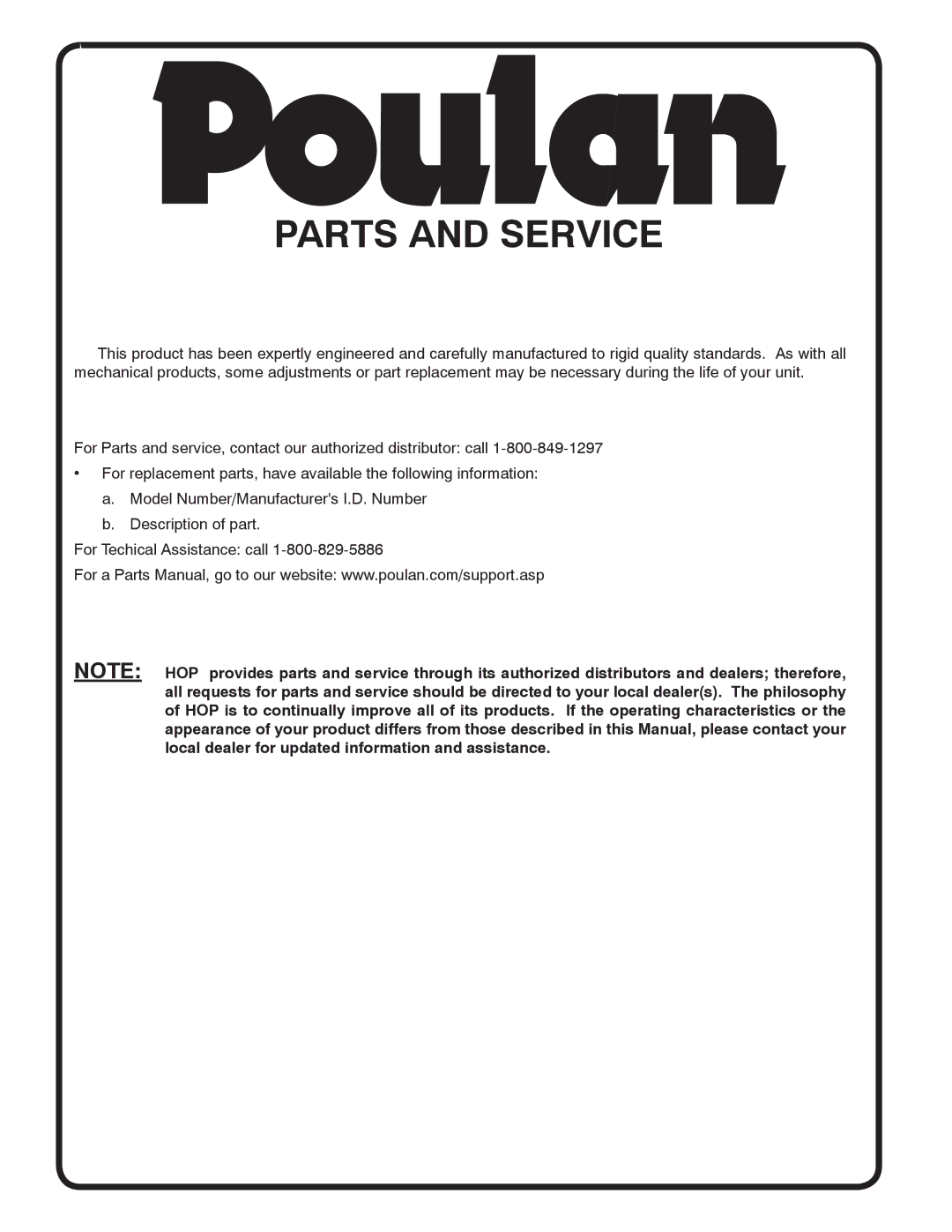 Poulan PBA195H42LT manual Parts and Service 