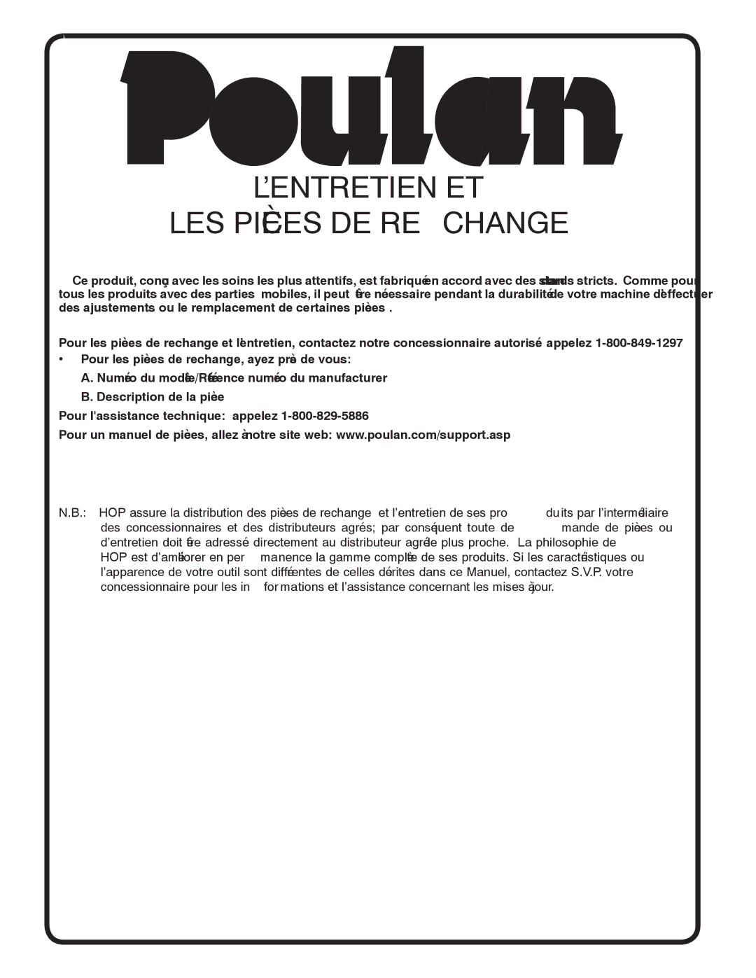 Poulan PBA195H42LT manual Changere DE Pièces LES ET L’ENTRETIEN 