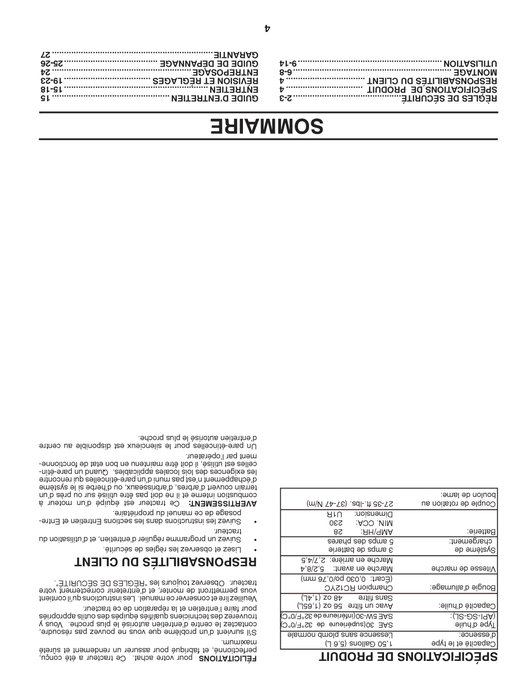 Poulan PBA195H42LT manual Sommaire, Client DU Responsabilités, Produit DE Spécifications, Cca .Min Amp/Hr, Sl-Sg-Api 