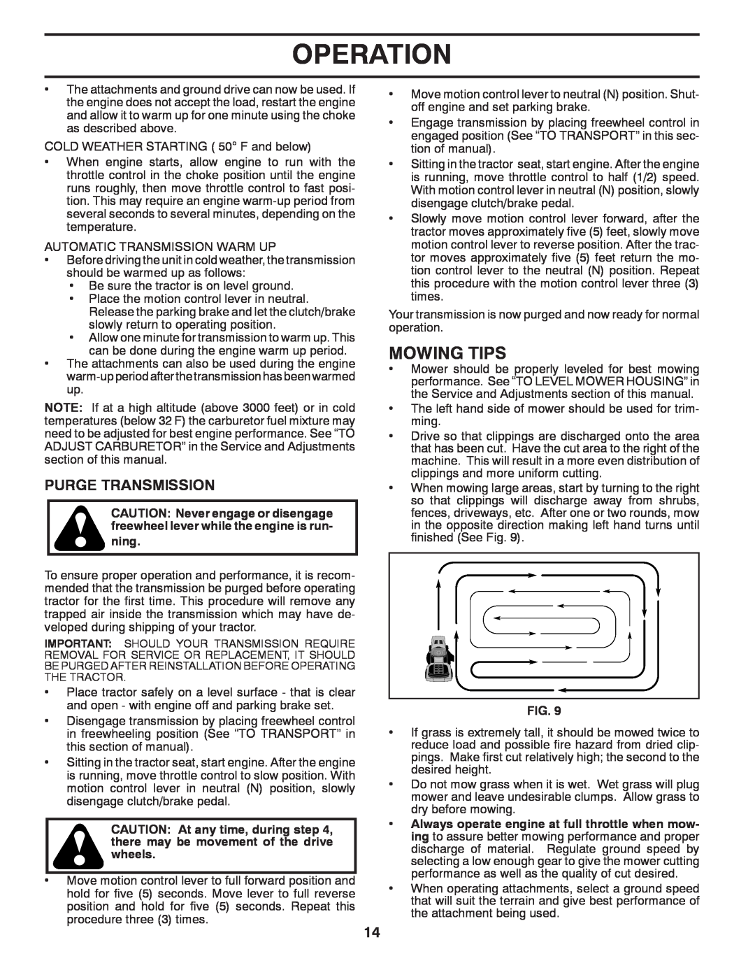Poulan PBA195H42LT manual Mowing Tips, Purge Transmission, Operation 