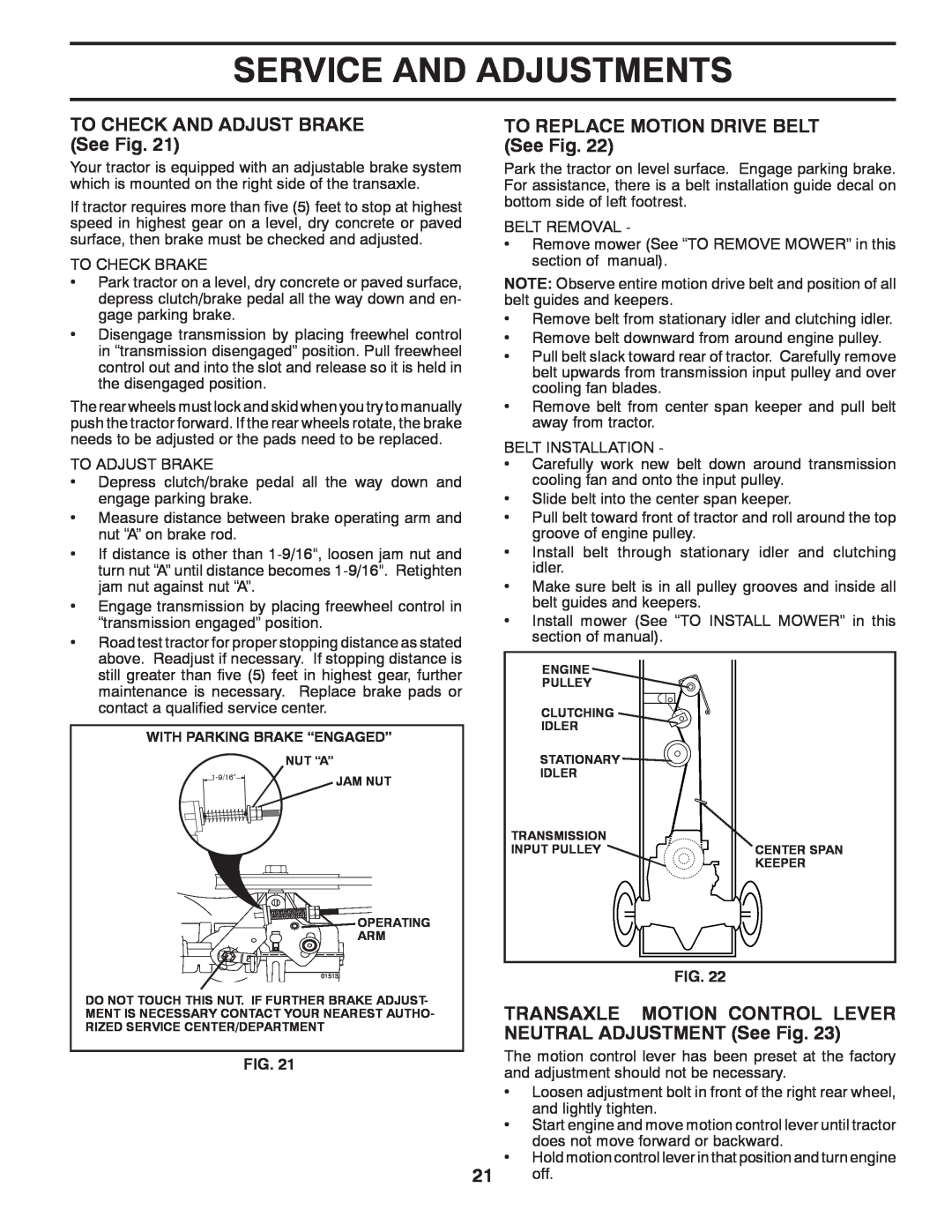 Poulan PBA195H42LT manual TO CHECK AND ADJUST BRAKE See Fig, TO REPLACE MOTION DRIVE BELT See Fig, Service And Adjustments 