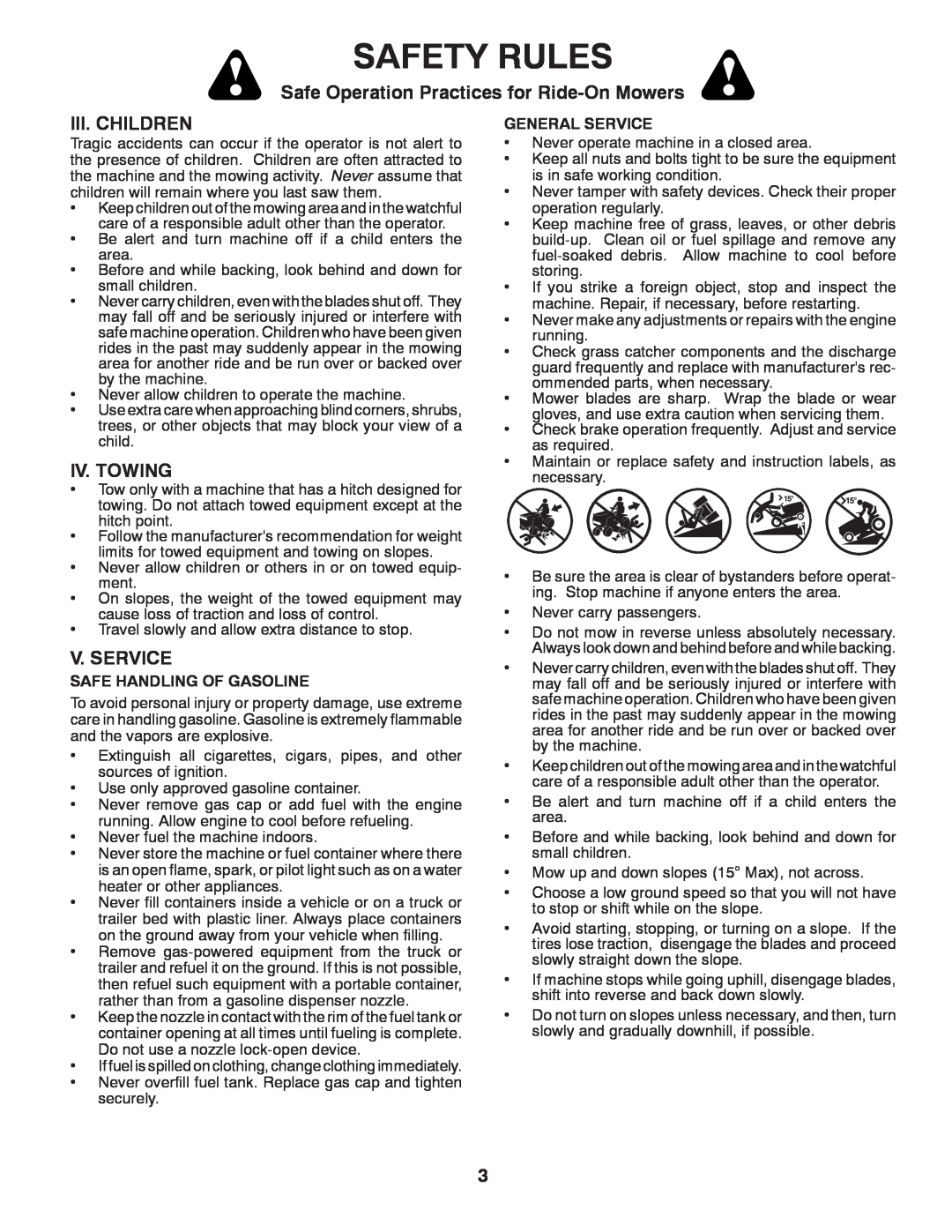 Poulan PBA195H42LT manual Iii. Children, Iv. Towing, V. Service, Safety Rules, Safe Operation Practices for Ride-On Mowers 