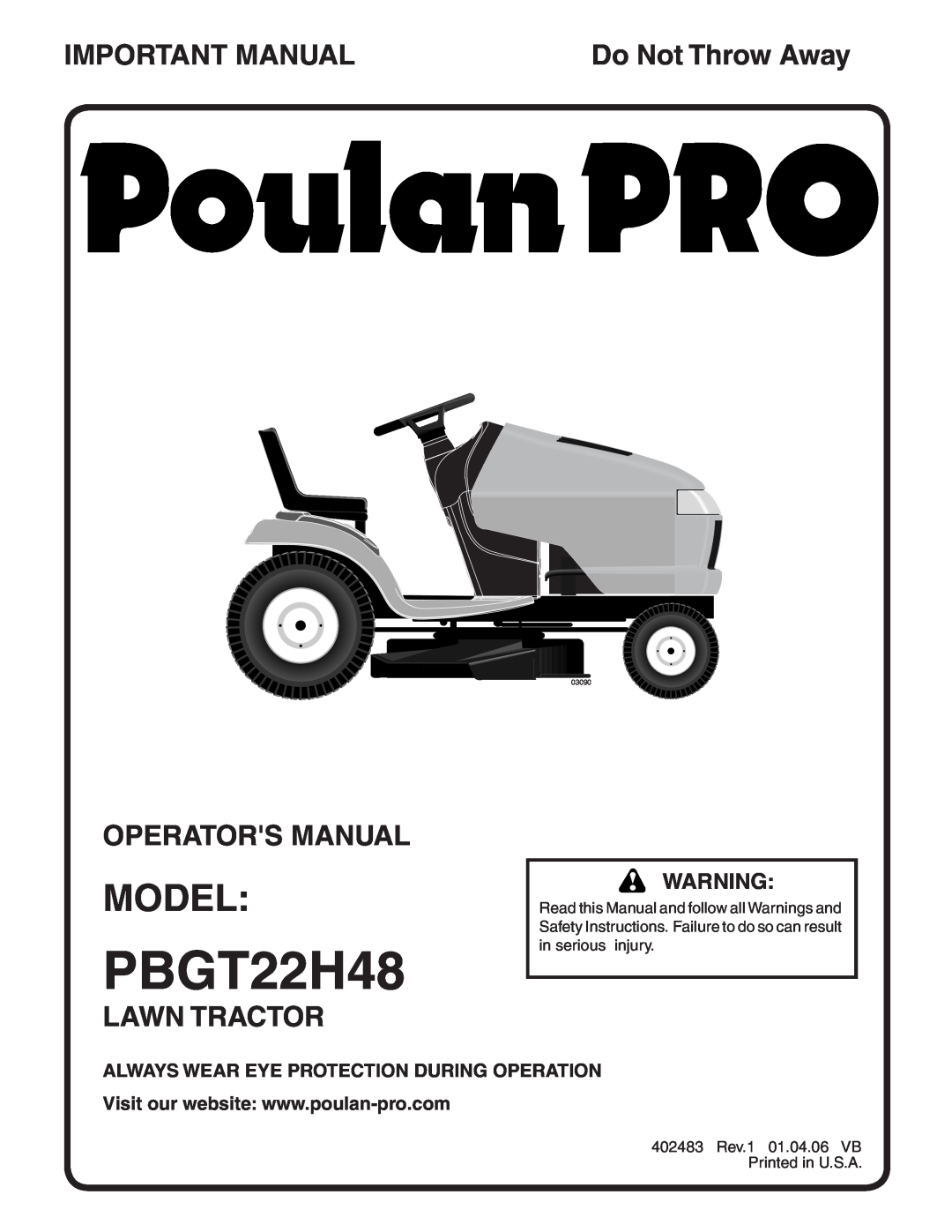 Poulan PBGT22H48 manual Model, Important Manual, Operators Manual, Lawn Tractor, Do Not Throw Away, 03090 