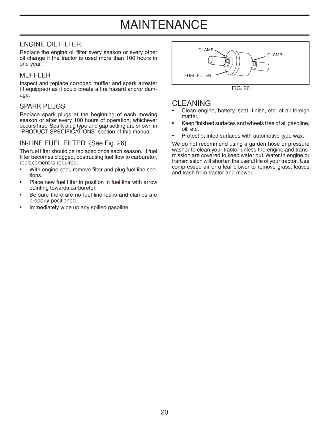 Poulan PBGT22H54 manual Cleaning, Engine OIL Filter, Muffler, Spark Plugs, IN-LINE Fuel Filter See Fig 