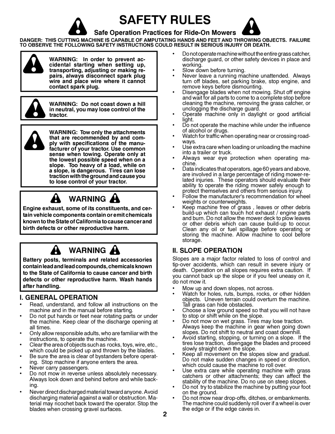 Poulan PBGT26H54 manual Safety Rules, Safe Operation Practices for Ride-On Mowers, General Operation, II. Slope Operation 