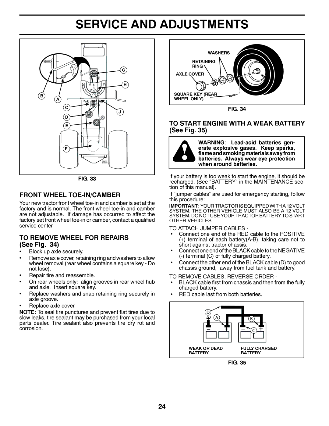 Poulan PBGT26H54 manual Front Wheel TOE-IN/CAMBER, To Remove Wheel for Repairs See Fig, To Attach Jumper Cables 