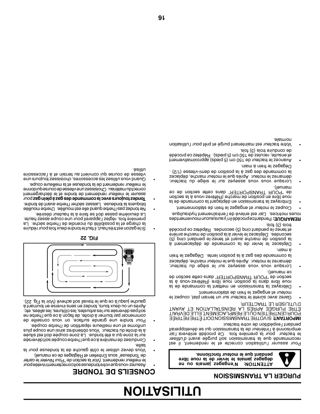 Poulan PBGT26H54 manual Utilisation, Transmission LA Purger, 22 .FIG, Tracteur LE D’UTILISER 