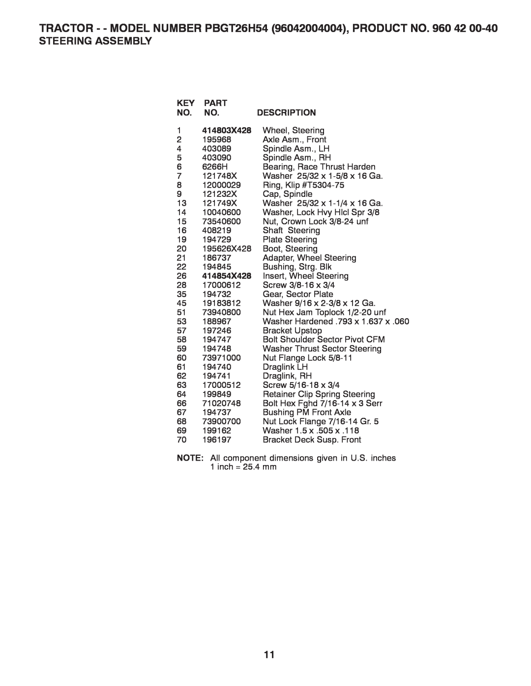 Poulan manual 414854X428, TRACTOR - - MODEL NUMBER PBGT26H54 96042004004, PRODUCT NO. 960, Steering Assembly 