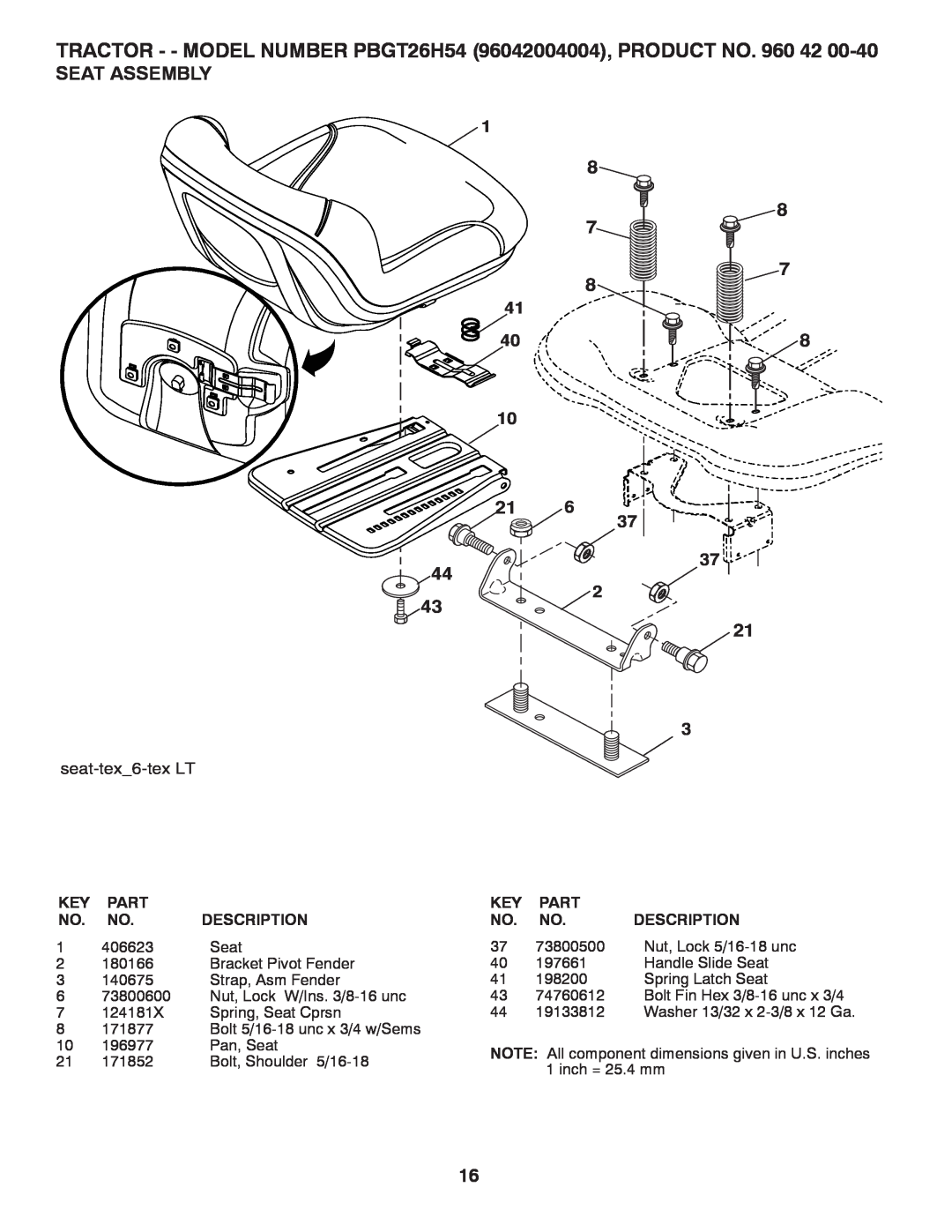 Poulan PBGT26H54 manual Seat Assembly, 73800500, Nut, Lock 5/16-18 unc, seat-tex6-tex LT, Key Part No. No. Description 