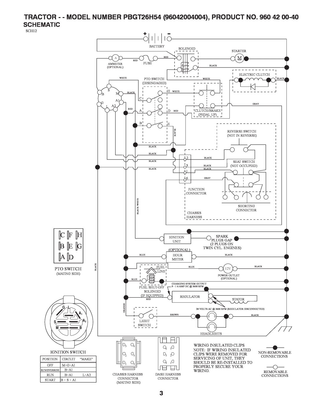 Poulan manual Schematic, TRACTOR - - MODEL NUMBER PBGT26H54 96042004004, PRODUCT NO. 960 42, C F H B E G A D, Pto Switch 