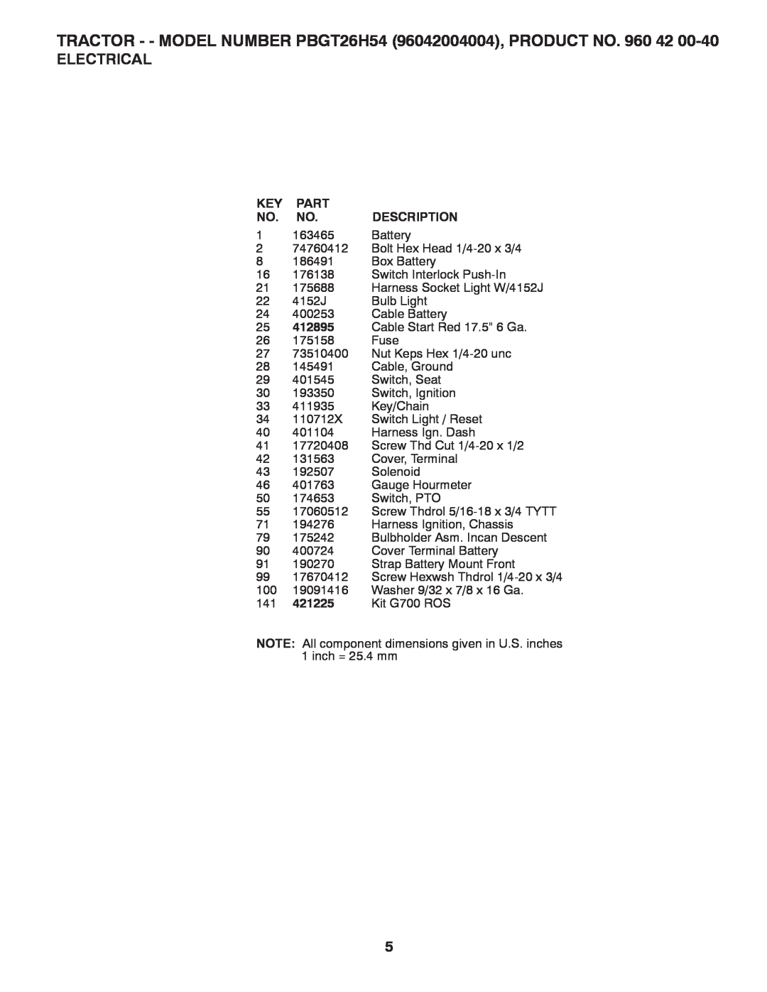 Poulan manual 412895, TRACTOR - - MODEL NUMBER PBGT26H54 96042004004, PRODUCT NO, Electrical, Part, Description 