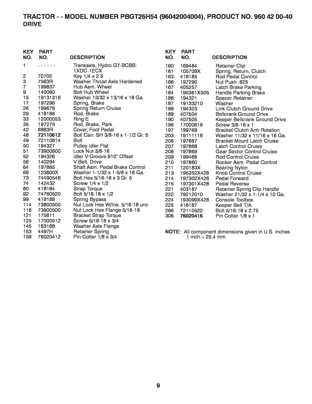 Poulan manual Key Part No. No. Description, 76020416, TRACTOR - - MODEL NUMBER PBGT26H54 96042004004, PRODUCT NO, Drive 