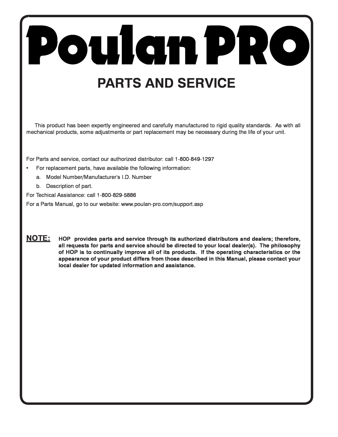 Poulan PBGT26H54 manual Parts And Service 