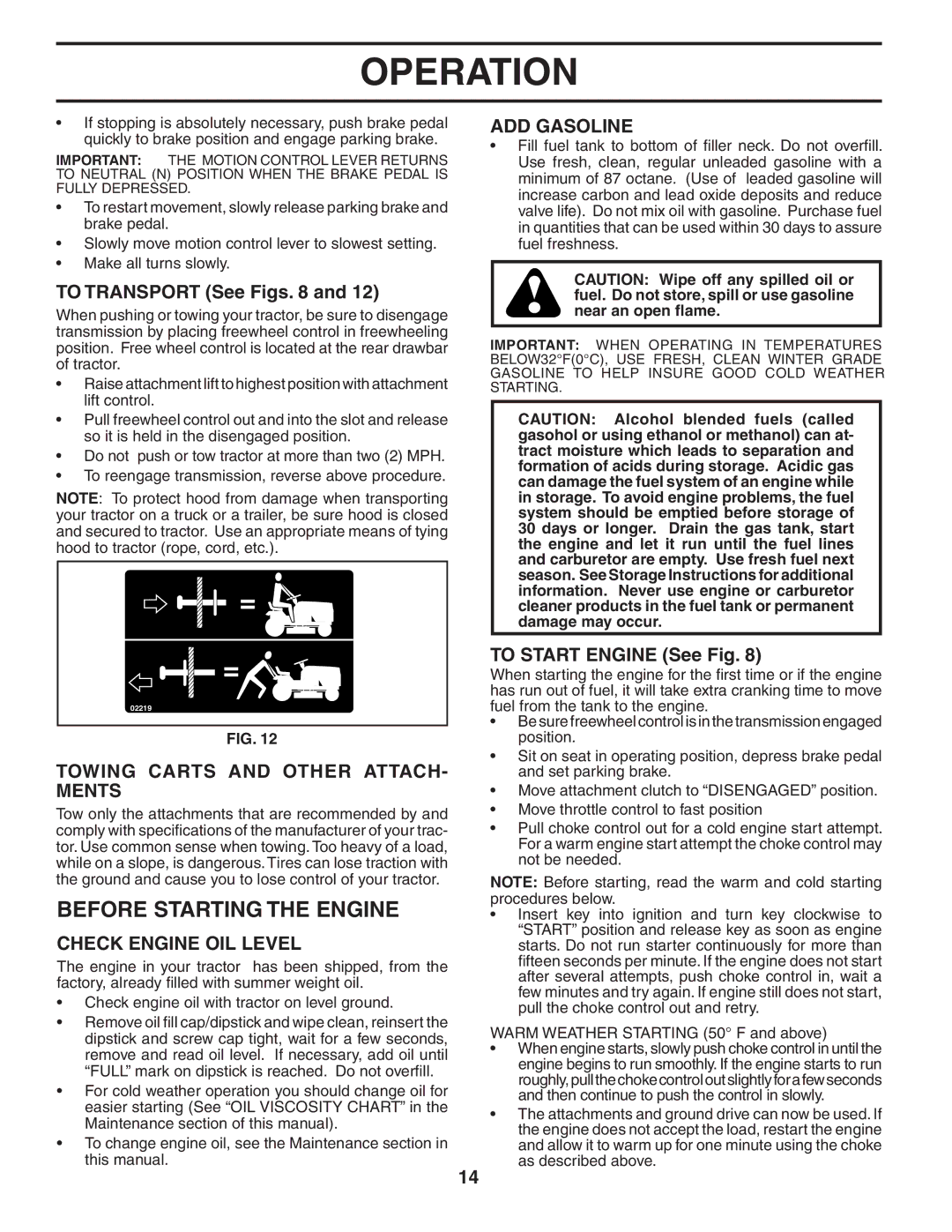 Poulan PBGT27H54 Before Starting the Engine, Towing Carts and Other ATTACH- Ments, Check Engine OIL Level, ADD Gasoline 