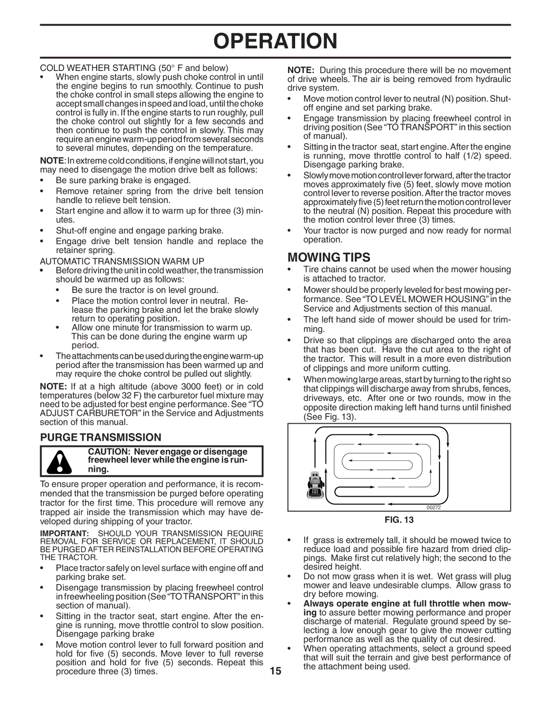 Poulan PBGT27H54 manual Mowing Tips, Purge Transmission, Automatic Transmission Warm UP 