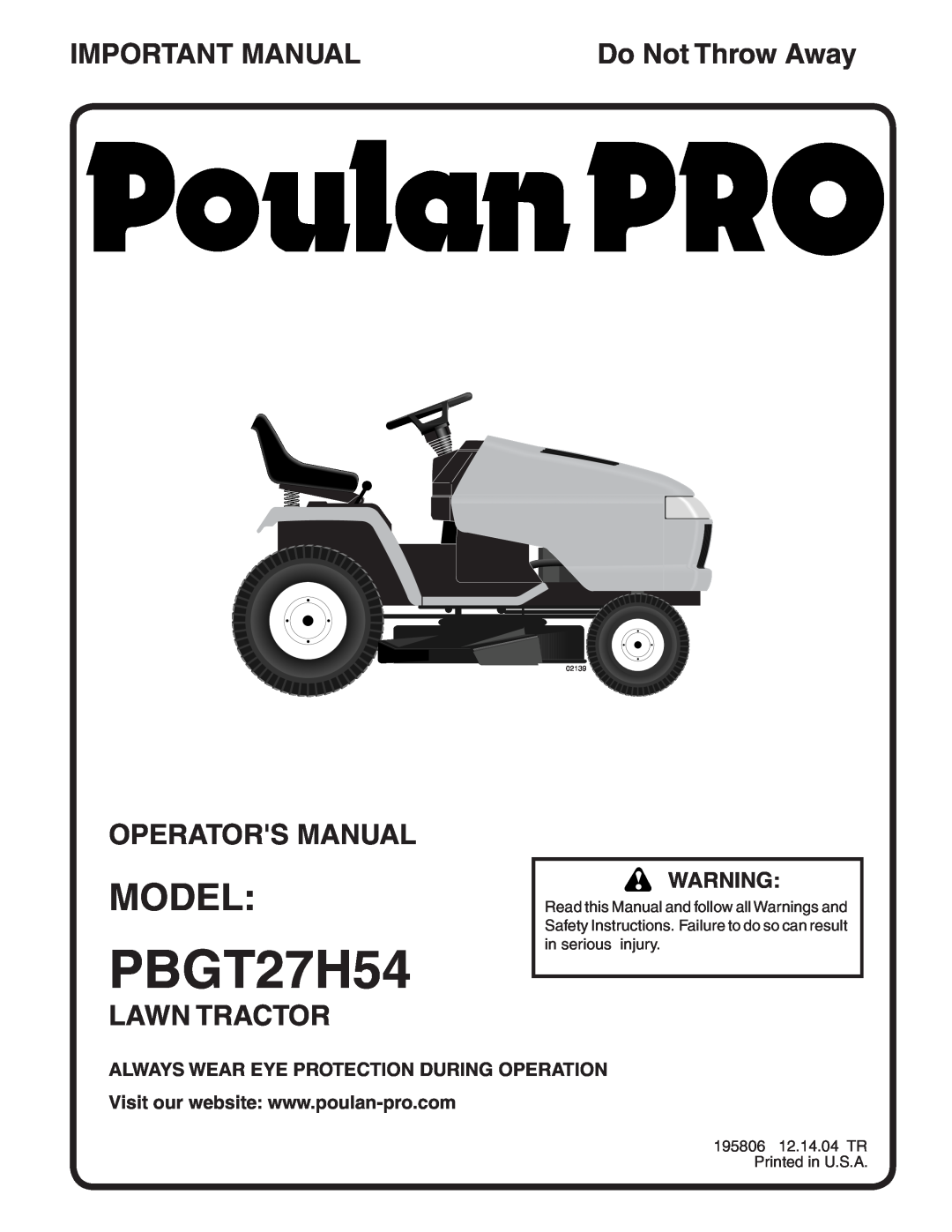 Poulan PBGT27H54 manual Model, Important Manual, Operators Manual, Lawn Tractor, Do Not Throw Away, 02139 