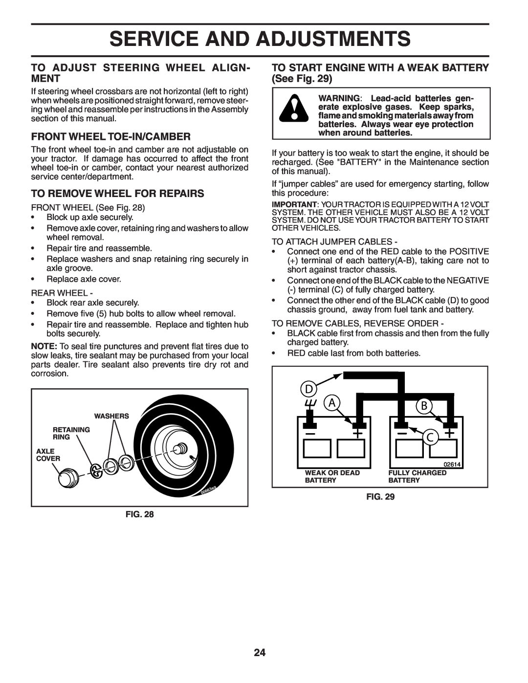 Poulan PBGT27H54 manual To Adjust Steering Wheel Align- Ment, Front Wheel Toe-In/Camber, To Remove Wheel For Repairs 