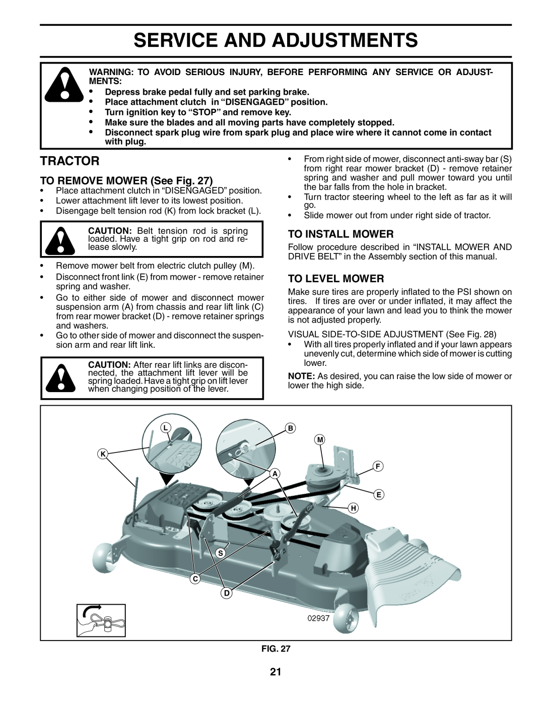 Poulan PBGTGE manual Service And Adjustments, TO REMOVE MOWER See Fig, To Install Mower, To Level Mower, Tractor 