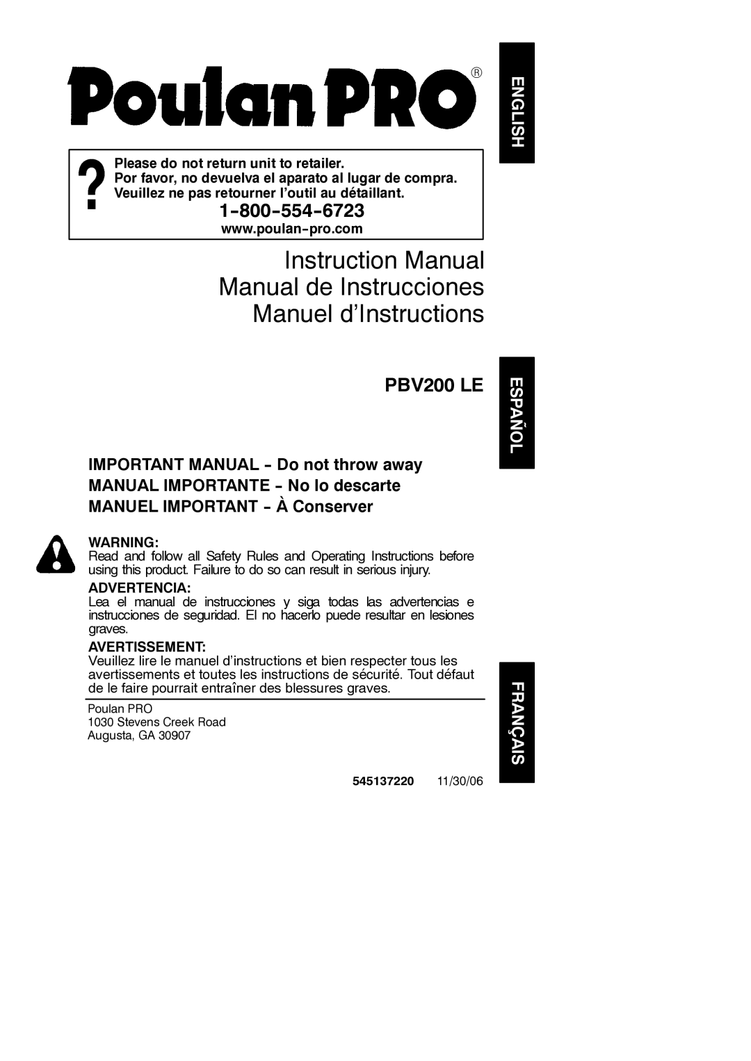 Poulan PBV200 LE instruction manual Manual de Instrucciones Manuel d’Instructions 