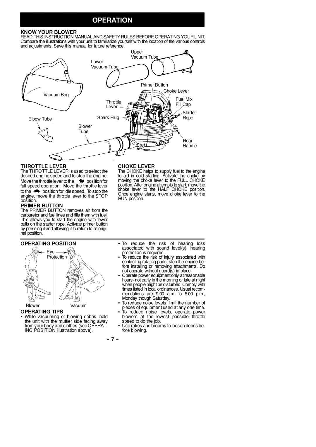 Poulan PBV200 LE instruction manual Operation 