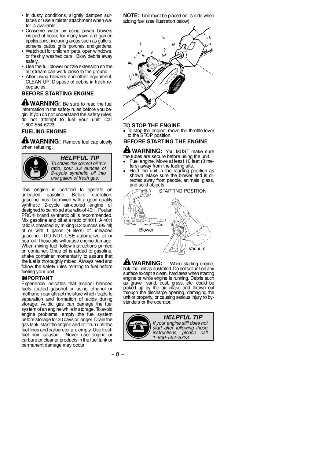 Poulan PBV200 LE Before Starting Engine Fueling Engine, To Stop the Engine, Before Starting the Engine, Blower Vacuum 