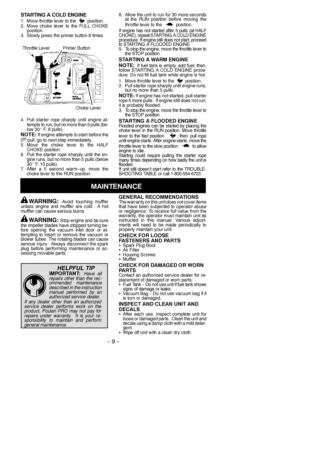 Poulan PBV200 LE instruction manual Maintenance 