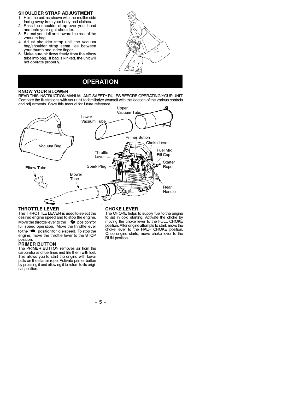 Poulan PBV200 instruction manual Operation 