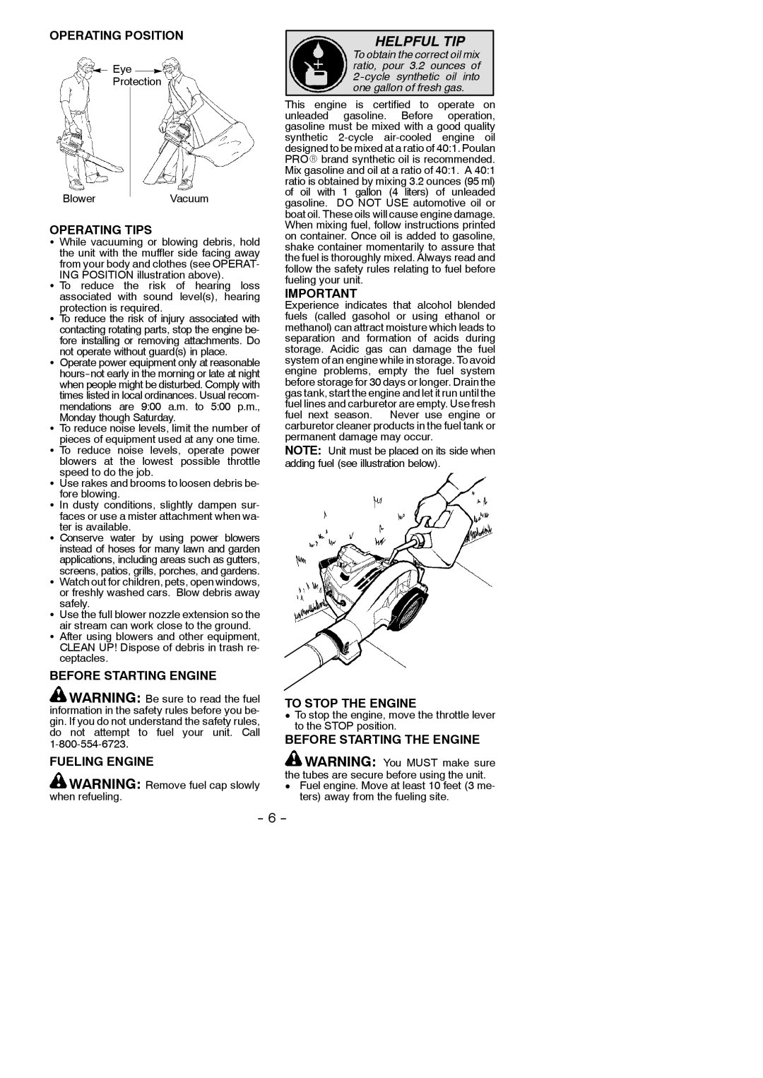 Poulan PBV200 Operating Position, Operating Tips, Before Starting Engine Fueling Engine, To Stop the Engine 