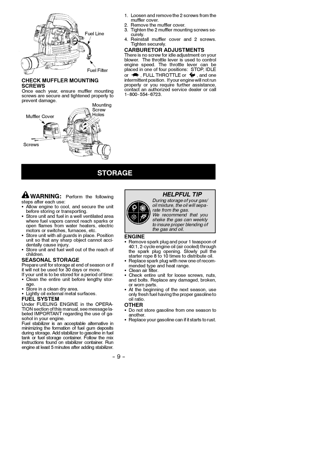 Poulan PBV200 instruction manual Storage 