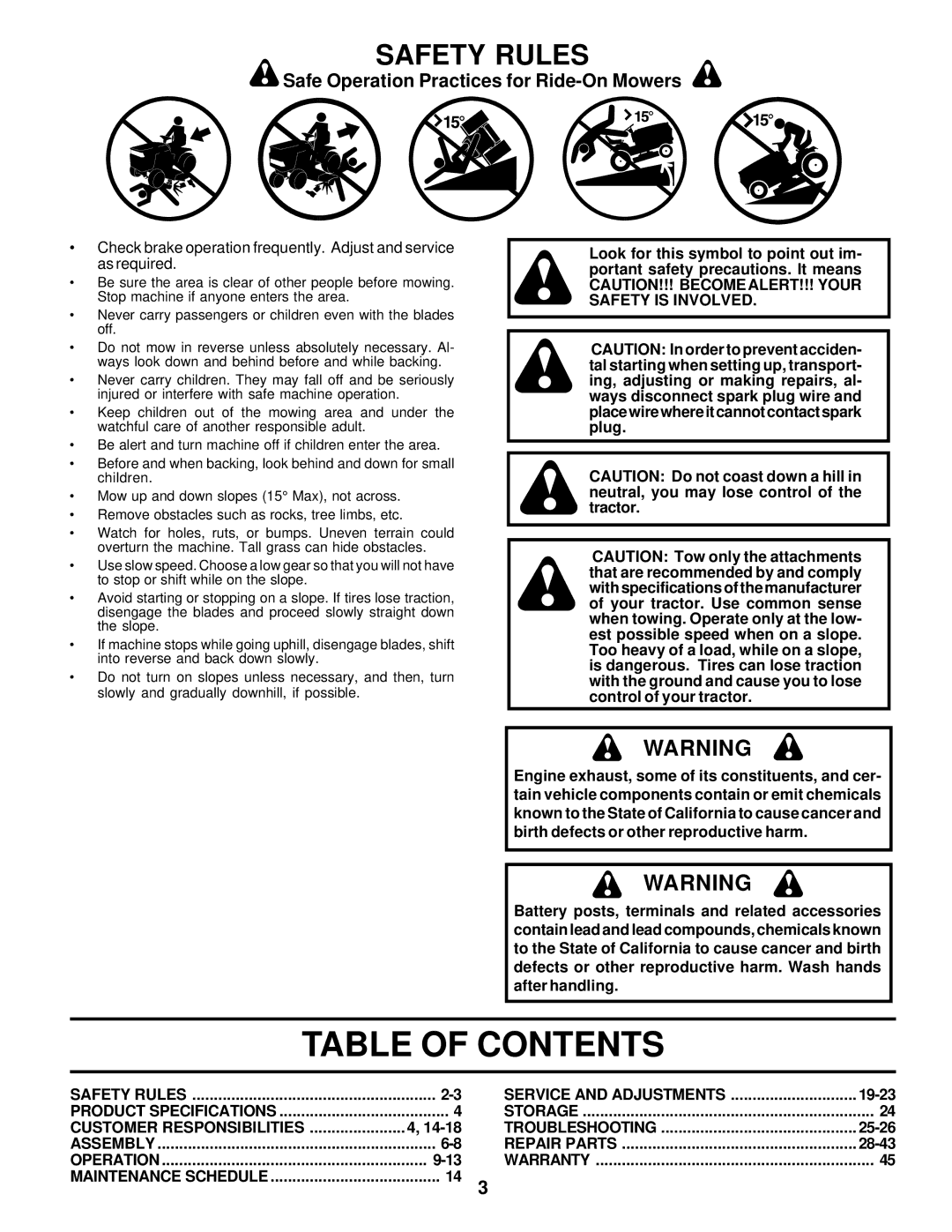 Poulan PC14542B owner manual Table of Contents 