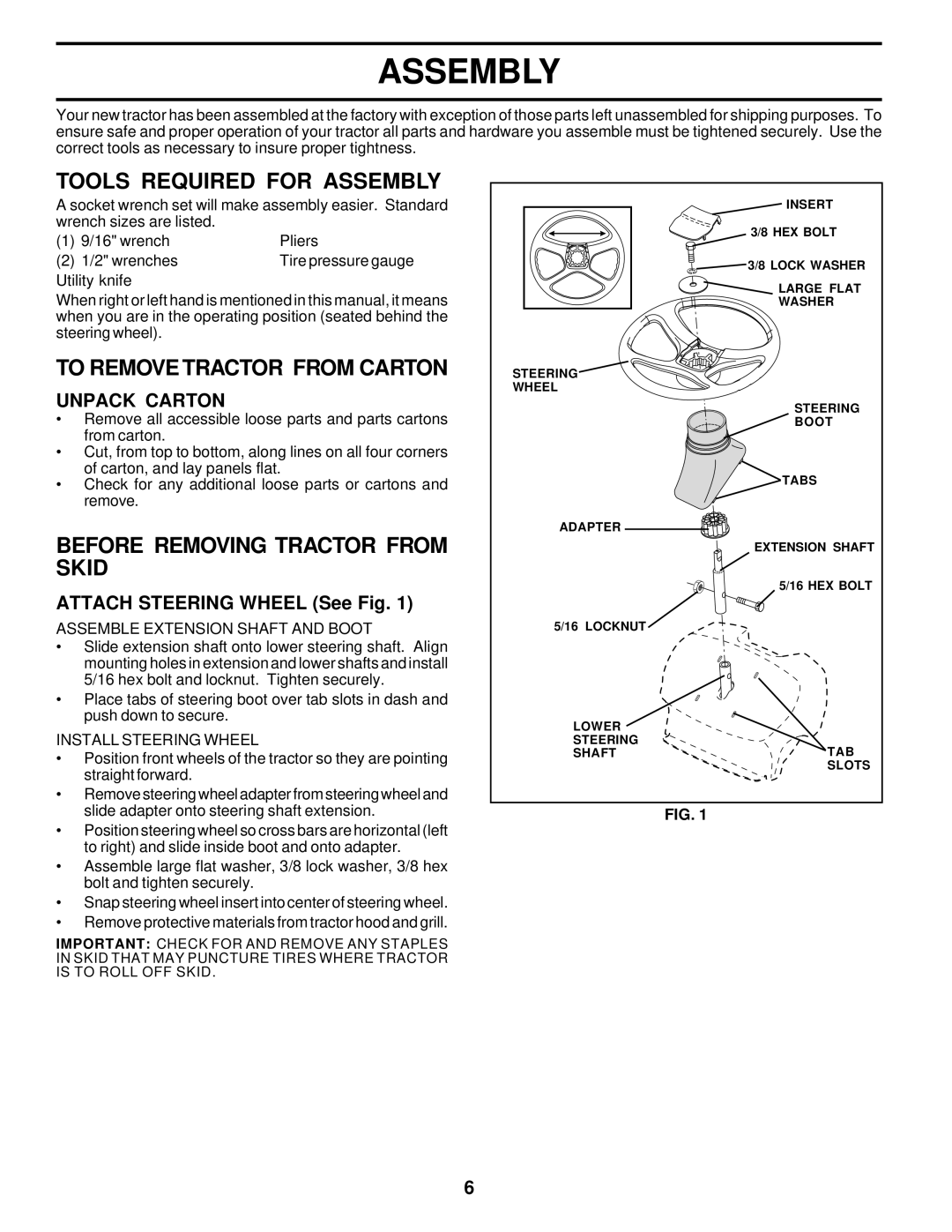 Poulan PC14542B Tools Required for Assembly, To Remove Tractor from Carton, Before Removing Tractor from Skid 