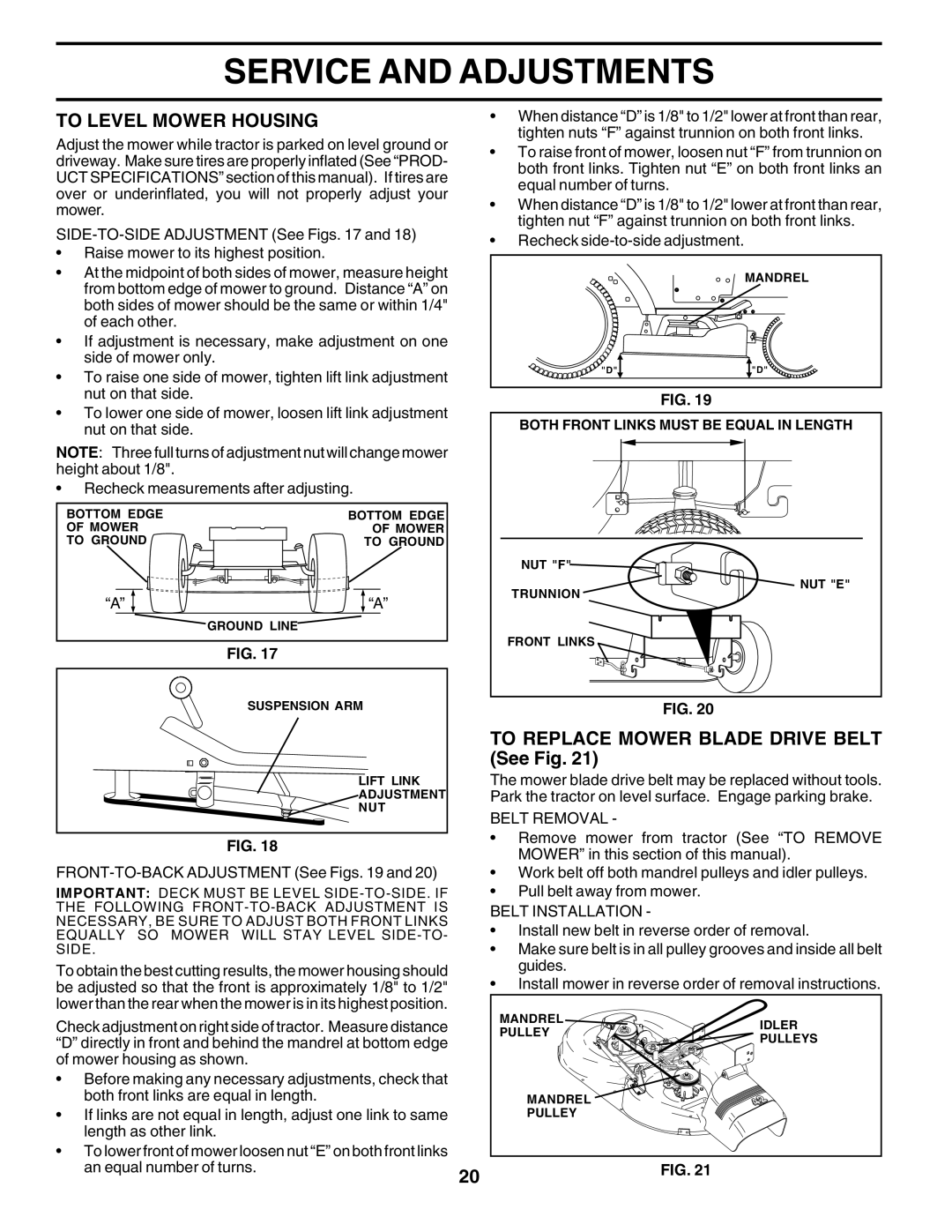 Poulan PC14542D To Level Mower Housing, To Replace Mower Blade Drive Belt See Fig, Belt Removal, Belt Installation 