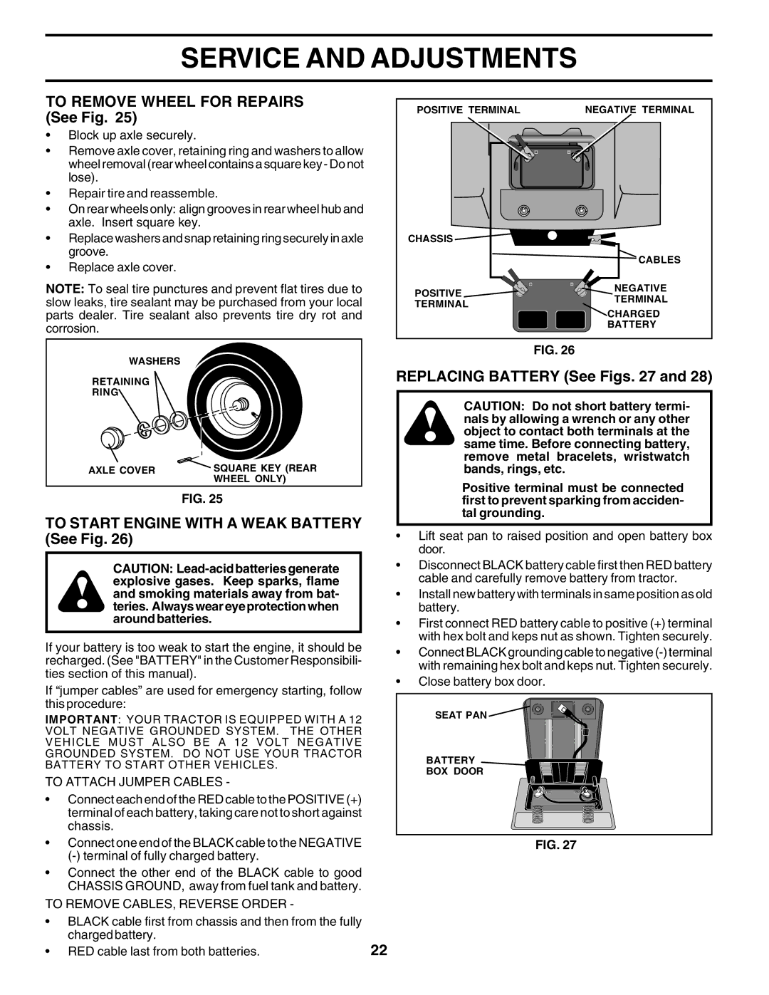 Poulan PC14542D To Remove Wheel for Repairs See Fig, To Start Engine with a Weak Battery See Fig, To Attach Jumper Cables 