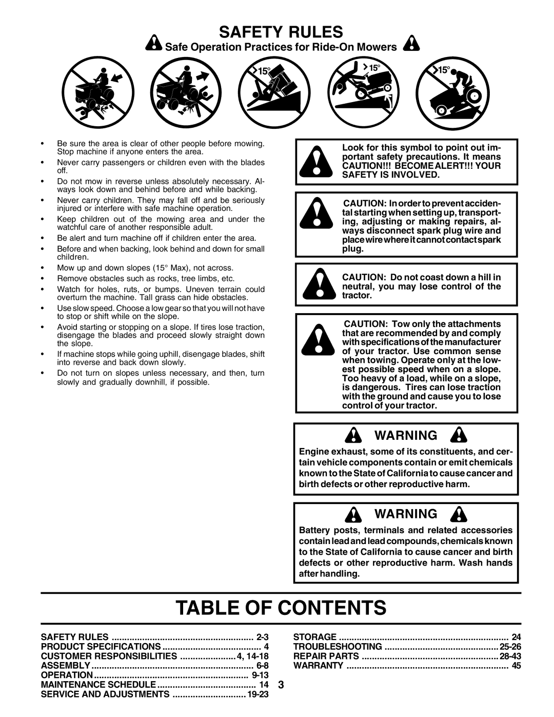 Poulan PC14542D owner manual Table of Contents 