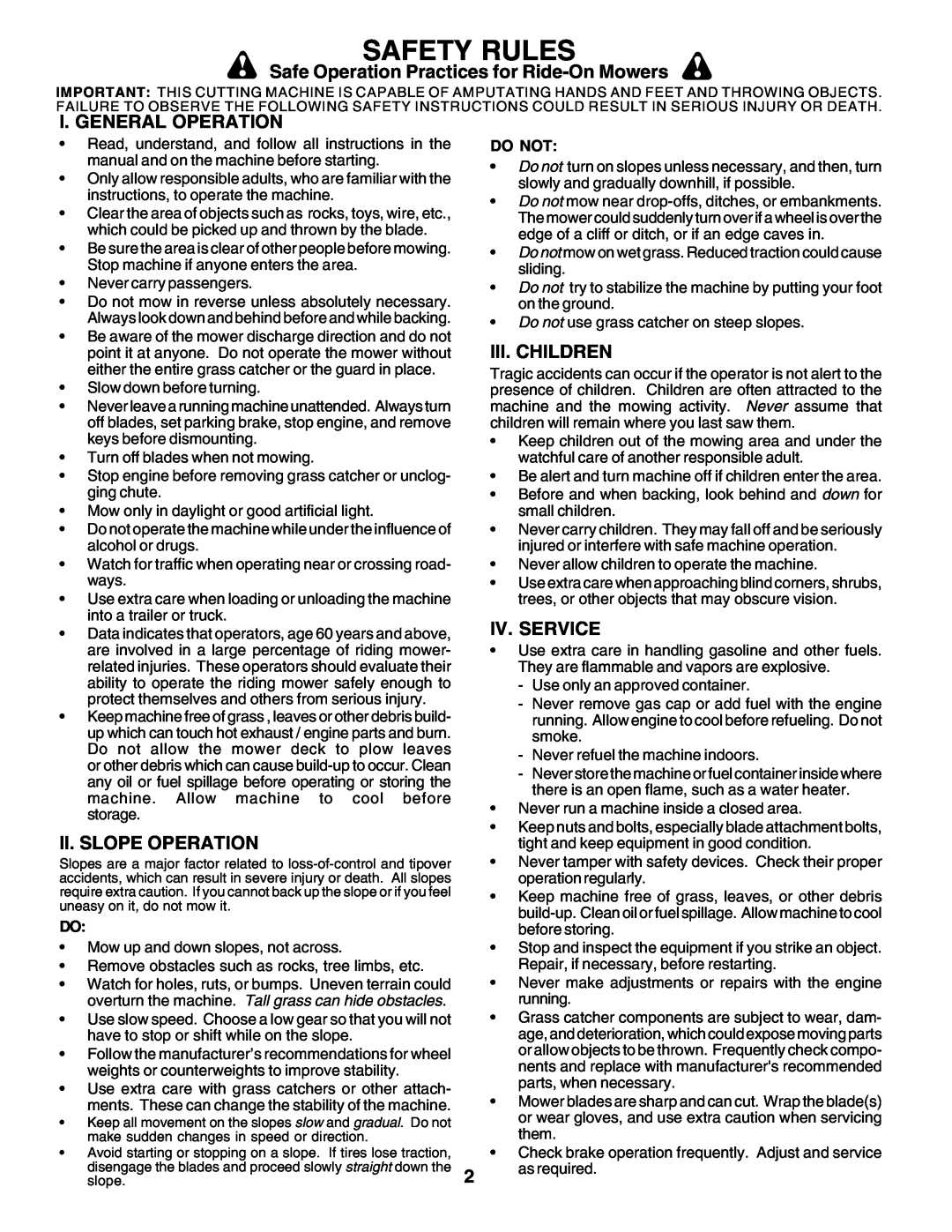 Poulan PC14542D Safety Rules, Safe Operation Practices for Ride-OnMowers, I. General Operation, Iii. Children, Iv. Service 