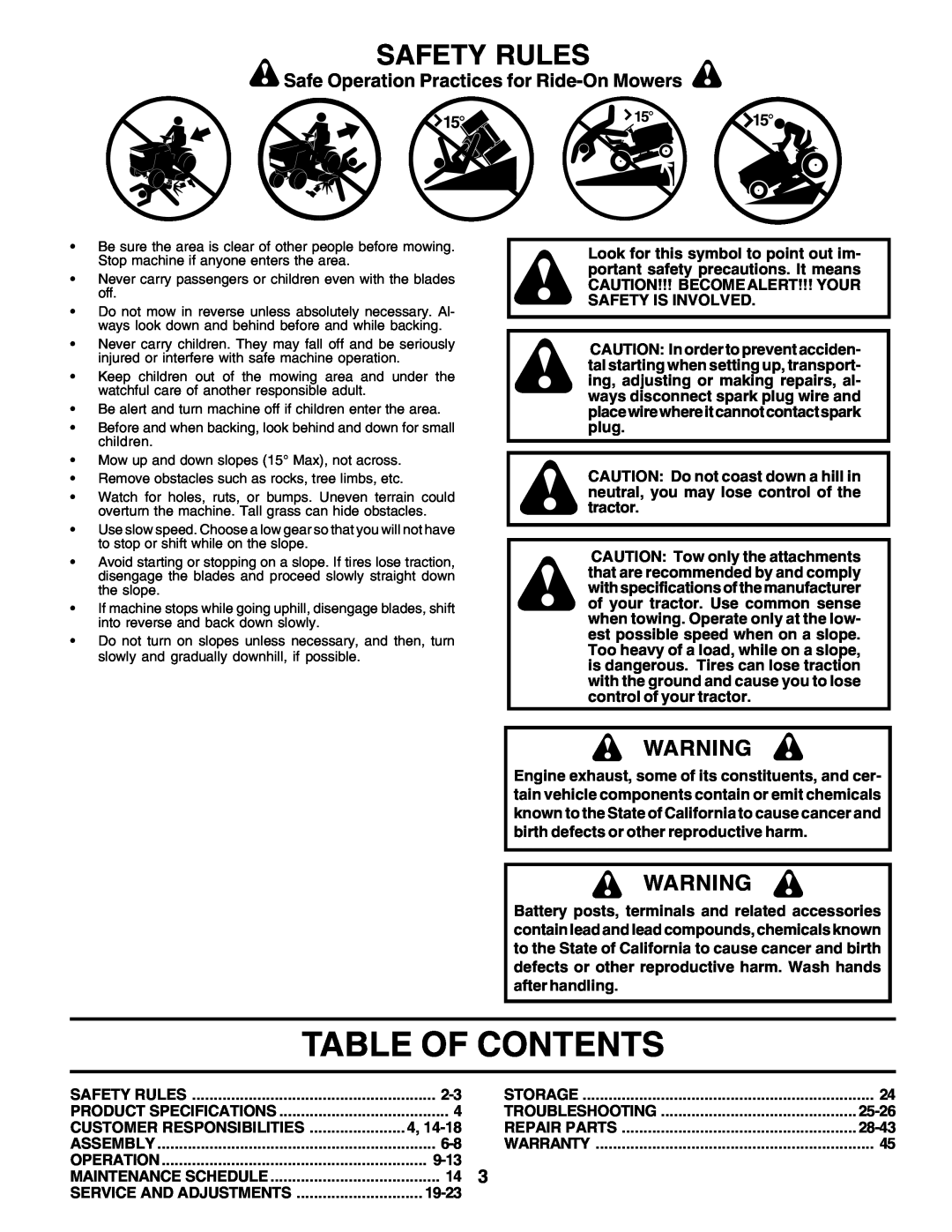 Poulan PC14542D owner manual Table Of Contents, Safety Rules, Safe Operation Practices for Ride-OnMowers 