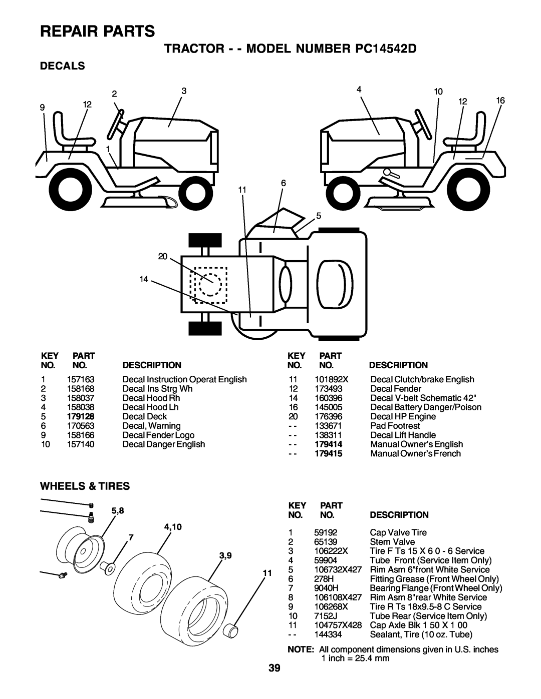 Poulan owner manual Repair Parts, TRACTOR - - MODEL NUMBER PC14542D, Decals, Wheels & Tires 