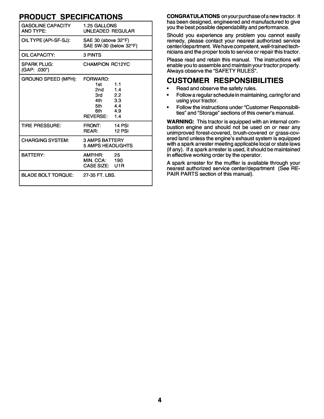Poulan PC14542D owner manual Product Specifications, Customer Responsibilities 