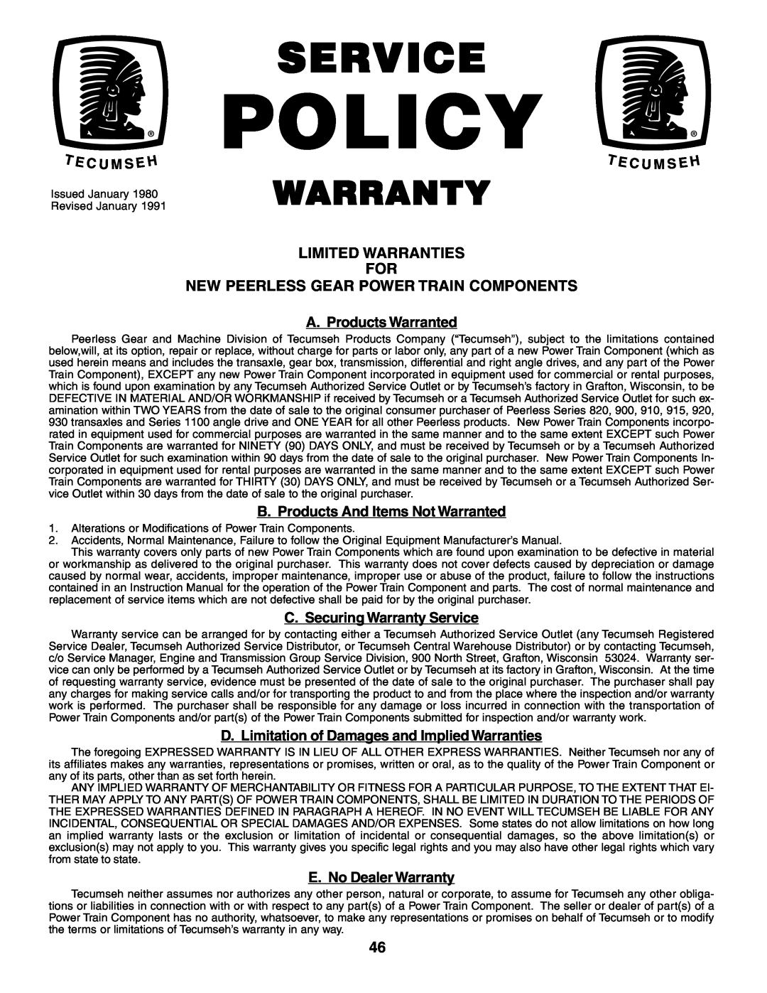Poulan PC14542D owner manual Policy, Service, Warranty, Limited Warranties 