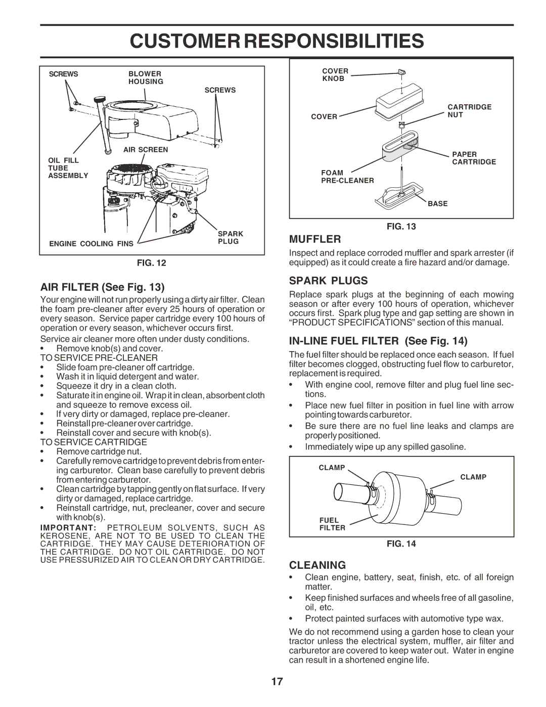 Poulan PC1538A manual Muffler, AIR Filter See Fig, Spark Plugs, IN-LINE Fuel Filter See Fig, Cleaning 